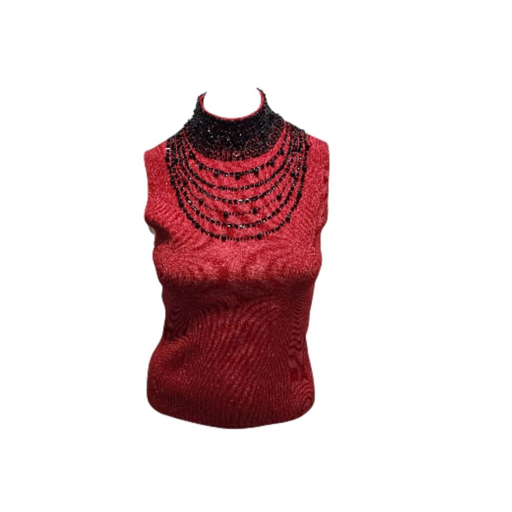 Evie Petite P/L Red Silk Blend‎ Sleeveless Beaded High Neck Top Sparkly Lurex